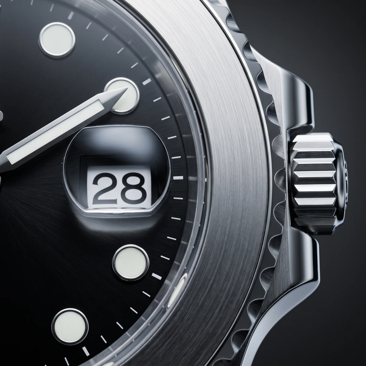 Cadran plongée Seiko Mod Submariner — gros plan sur la lunette, la couronne vissée et le guichet date